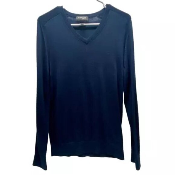 Express Sweater Men's Small Navy Blue Merino Wool Blend Knit Pullover V-Neck EUC - Picture 1 of 10